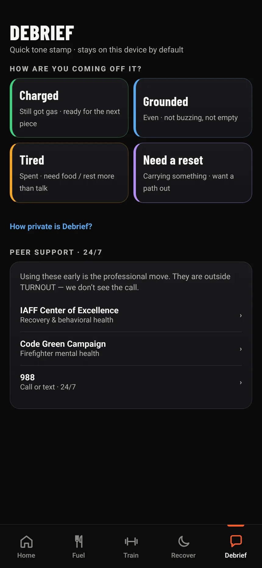 Debrief screen with four check-in choices and peer support links