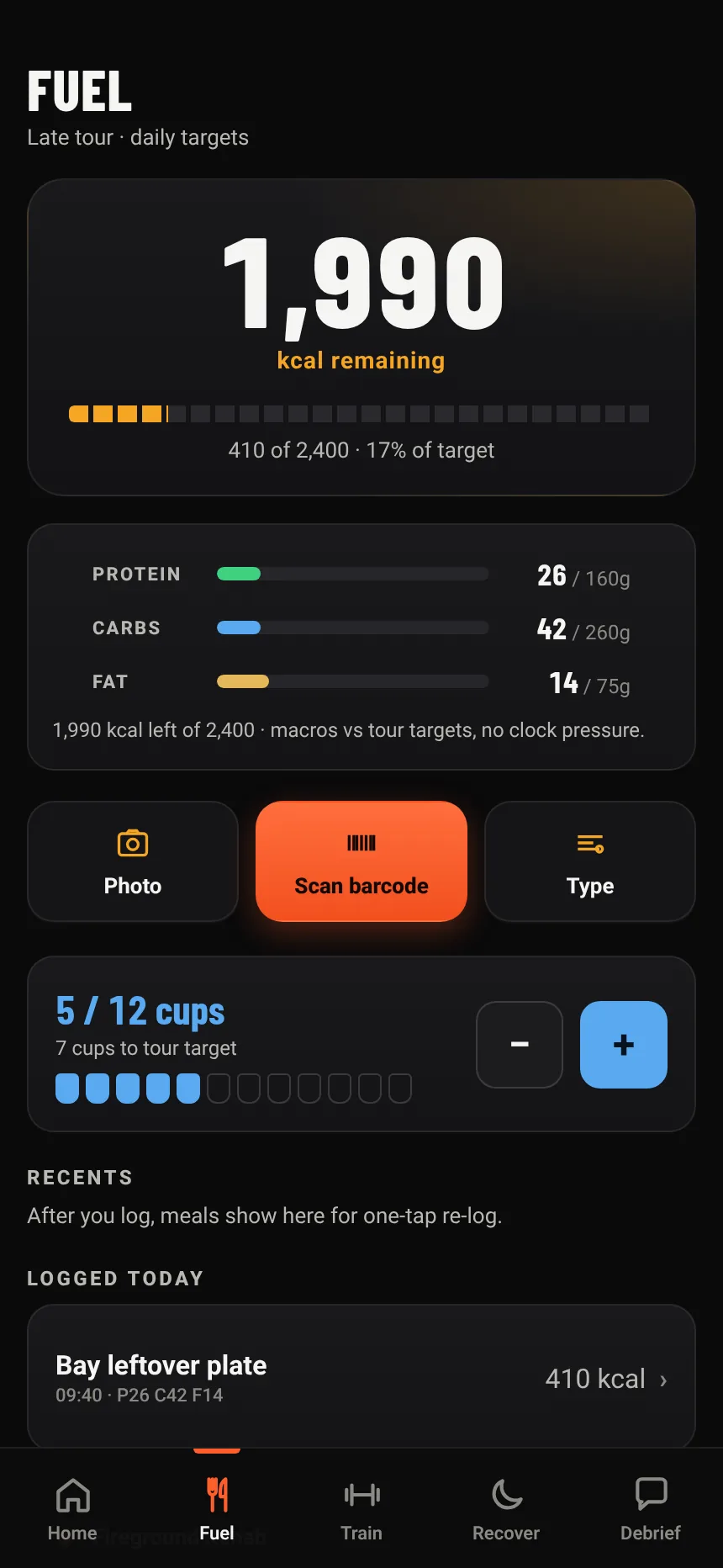 Fuel screen: 1,990 calories remaining this tour, macro bars and a barcode scan button